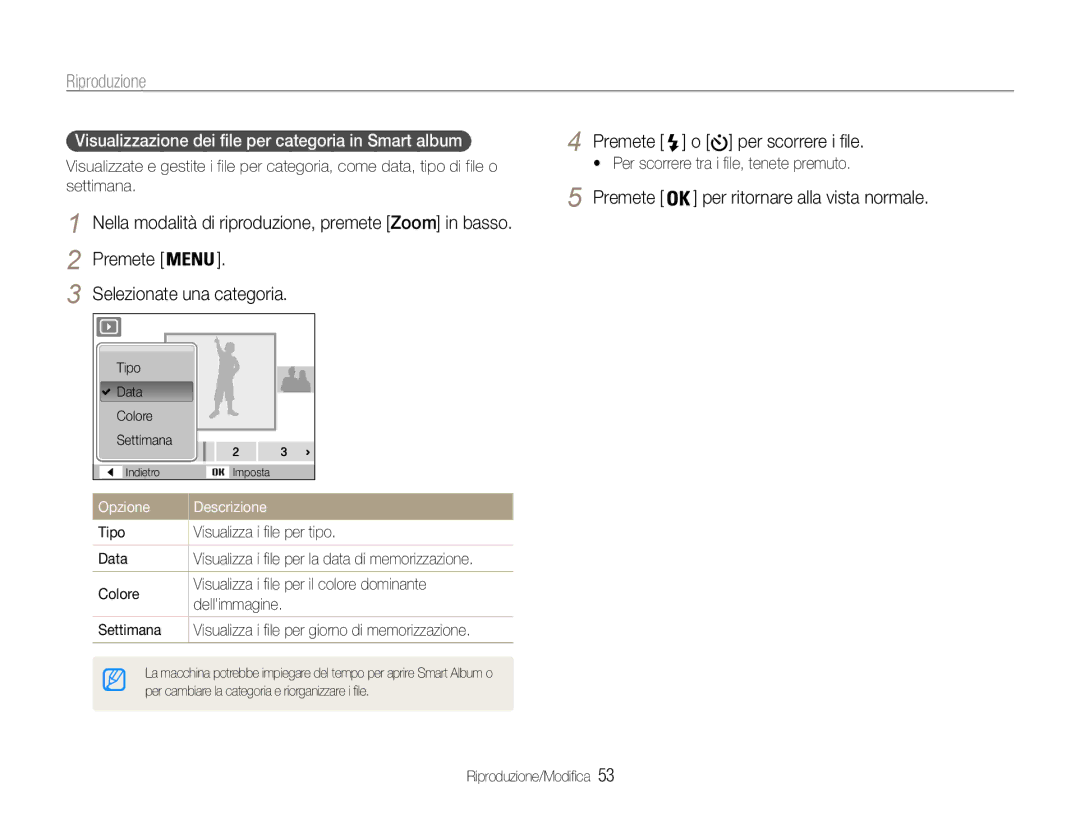 Samsung EC-ES30ZZBASGB, EC-ES30ZZBASE1 manual Riproduzione, Visualizzazione dei file per categoria in Smart album 