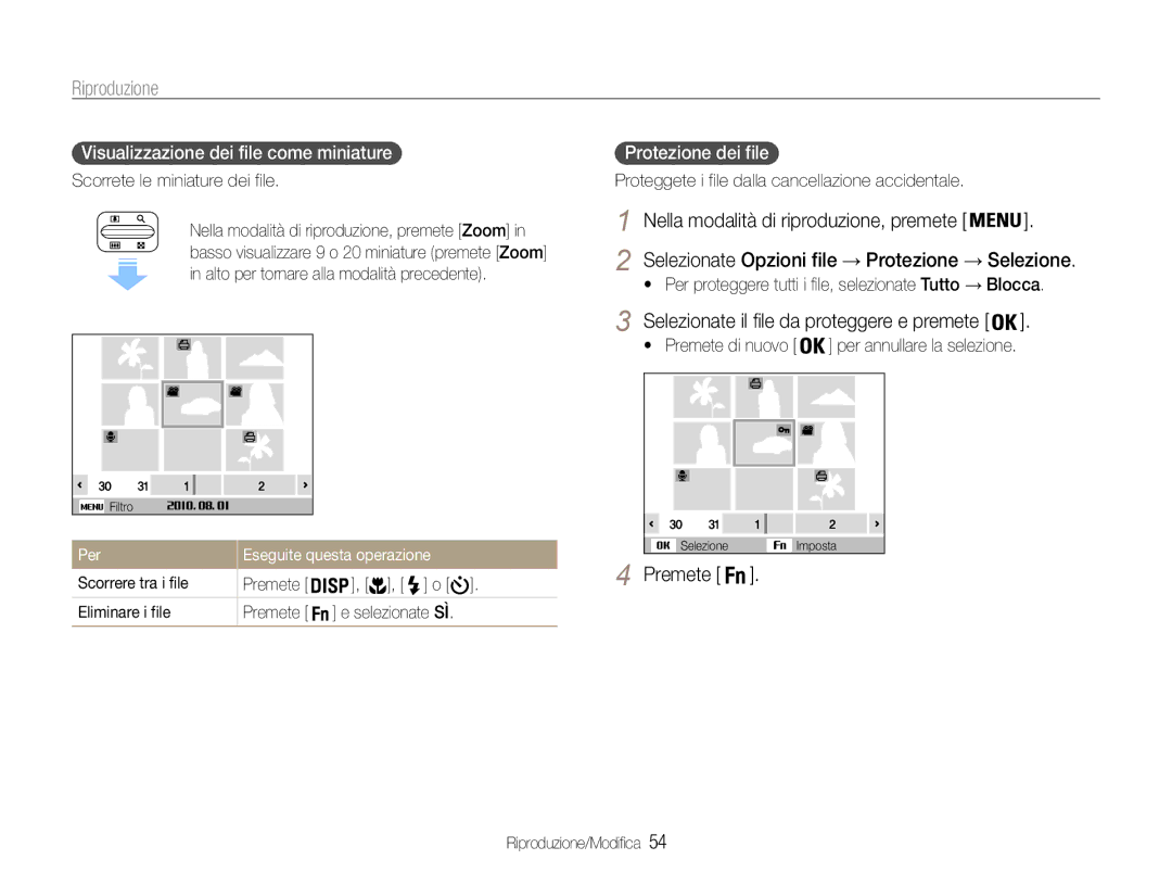 Samsung EC-ES30ZZBASE1 manual Visualizzazione dei file come miniature, Protezione dei file, Per Eseguite questa operazione 