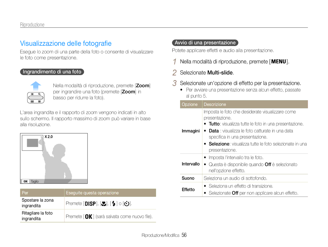 Samsung EC-ES30ZZBASE1 manual Visualizzazione delle fotografie, Selezionate Multi-slide, Ingrandimento di una foto 