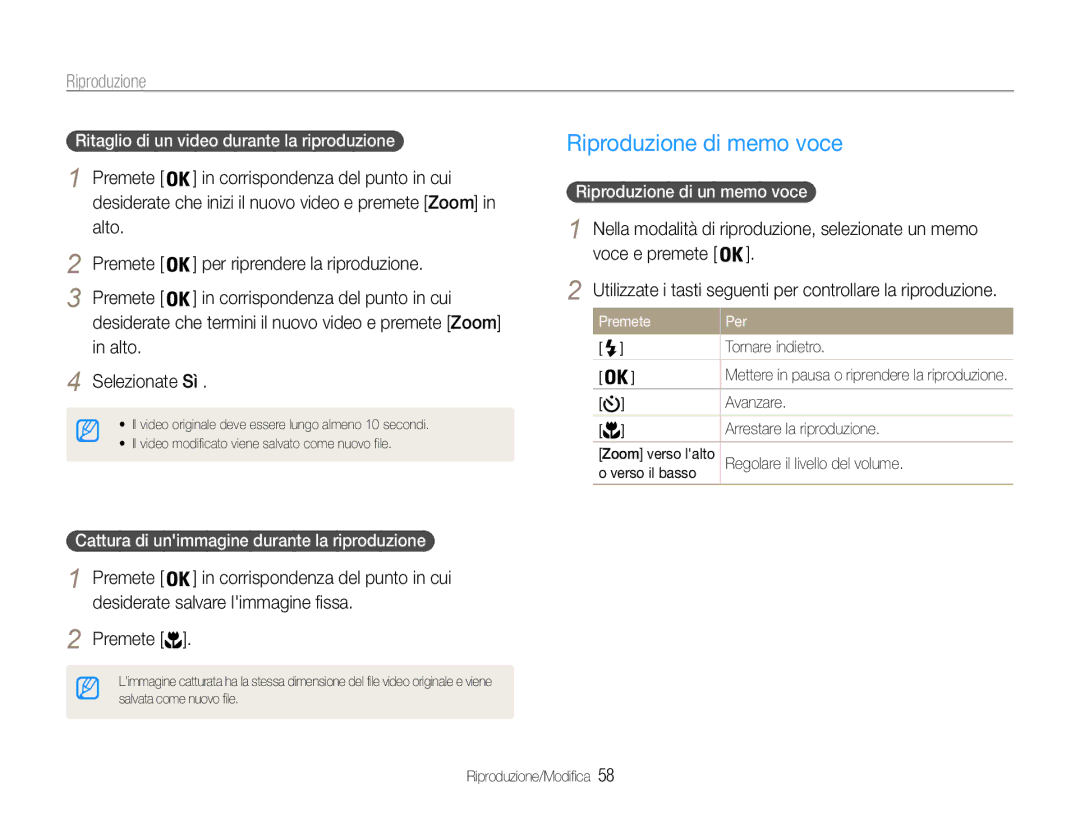 Samsung EC-ES30ZZBASE1, EC-ES30ZZBASGB Riproduzione di memo voce, Alto Selezionate Sì, Desiderate salvare limmagine fissa 