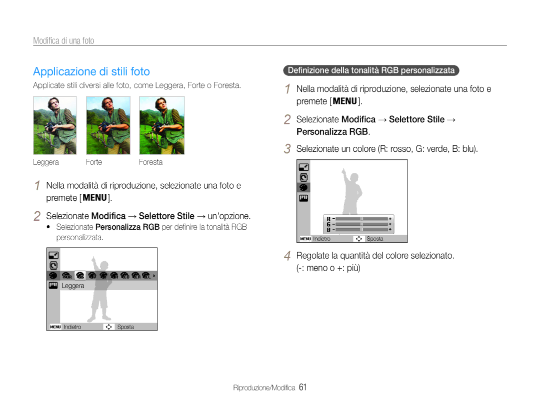 Samsung EC-ES30ZZBASGB, EC-ES30ZZBASE1 manual Modifica di una foto, Nella modalità di riproduzione, selezionate una foto e 