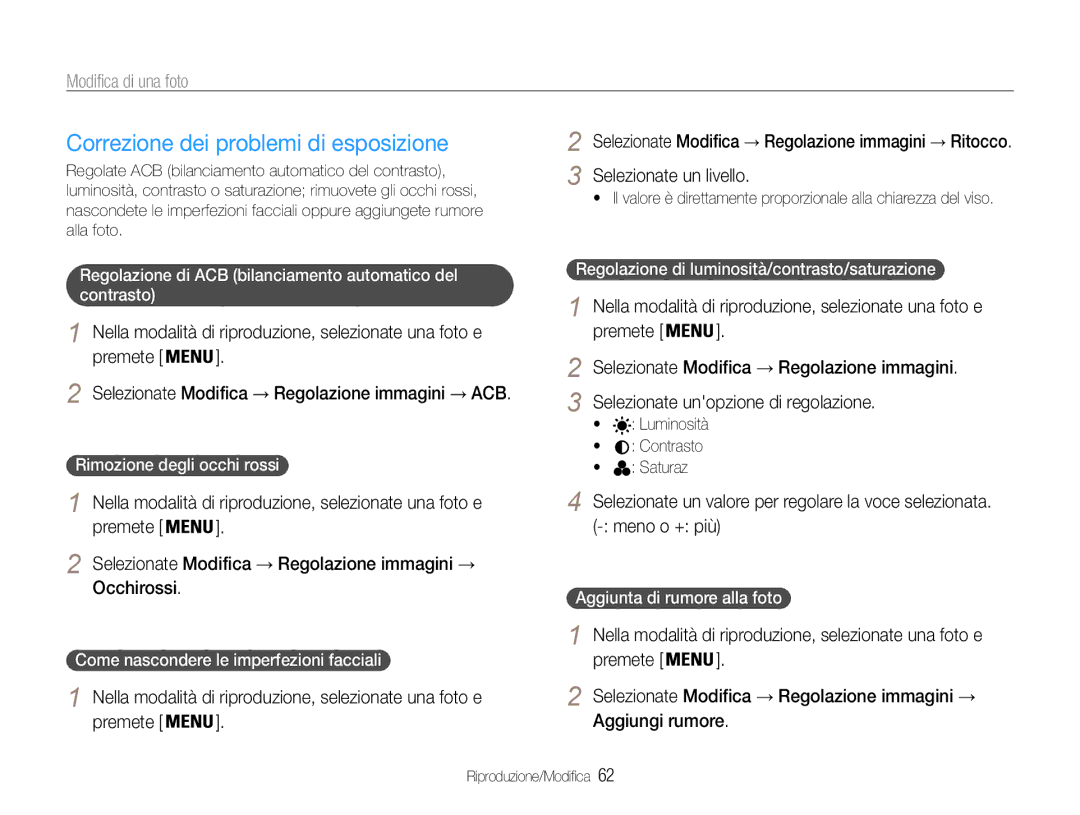 Samsung EC-ES30ZZBASE1, EC-ES30ZZBASGB manual Correzione dei problemi di esposizione, Occhirossi 