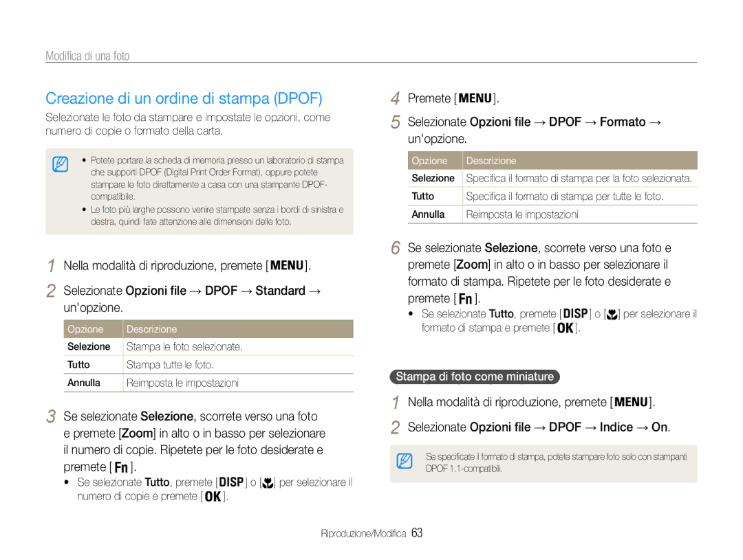 Samsung EC-ES30ZZBASGB Creazione di un ordine di stampa Dpof, Unopzione, Selezionate Opzioni file → Dpof → Standard → 