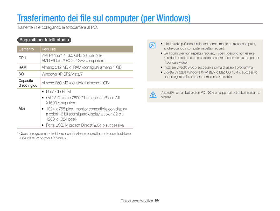 Samsung EC-ES30ZZBASGB Trasferimento dei file sul computer per Windows, Requisiti per Intelli-studio, Elemento Requisiti 