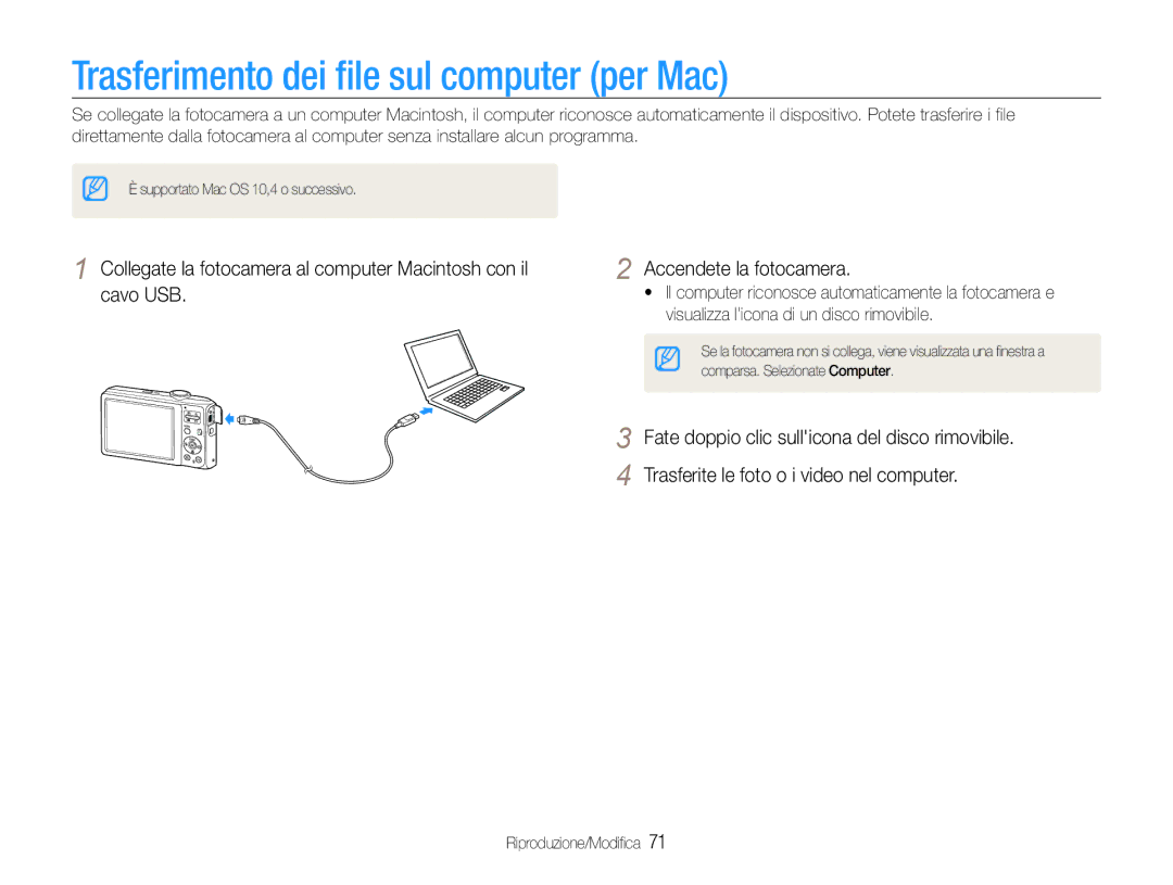 Samsung EC-ES30ZZBASGB, EC-ES30ZZBASE1 manual Trasferimento dei file sul computer per Mac 