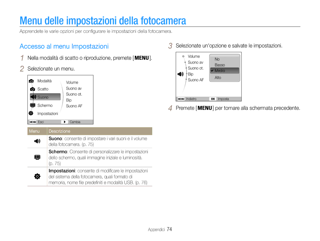 Samsung EC-ES30ZZBASE1 manual Menu delle impostazioni della fotocamera, Accesso al menu Impostazioni, Selezionate un menu 