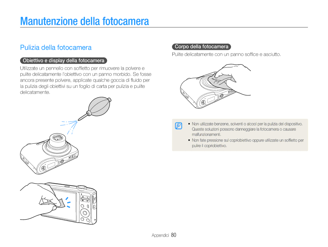 Samsung EC-ES30ZZBASE1 manual Manutenzione della fotocamera, Pulizia della fotocamera, Obiettivo e display della fotocamera 