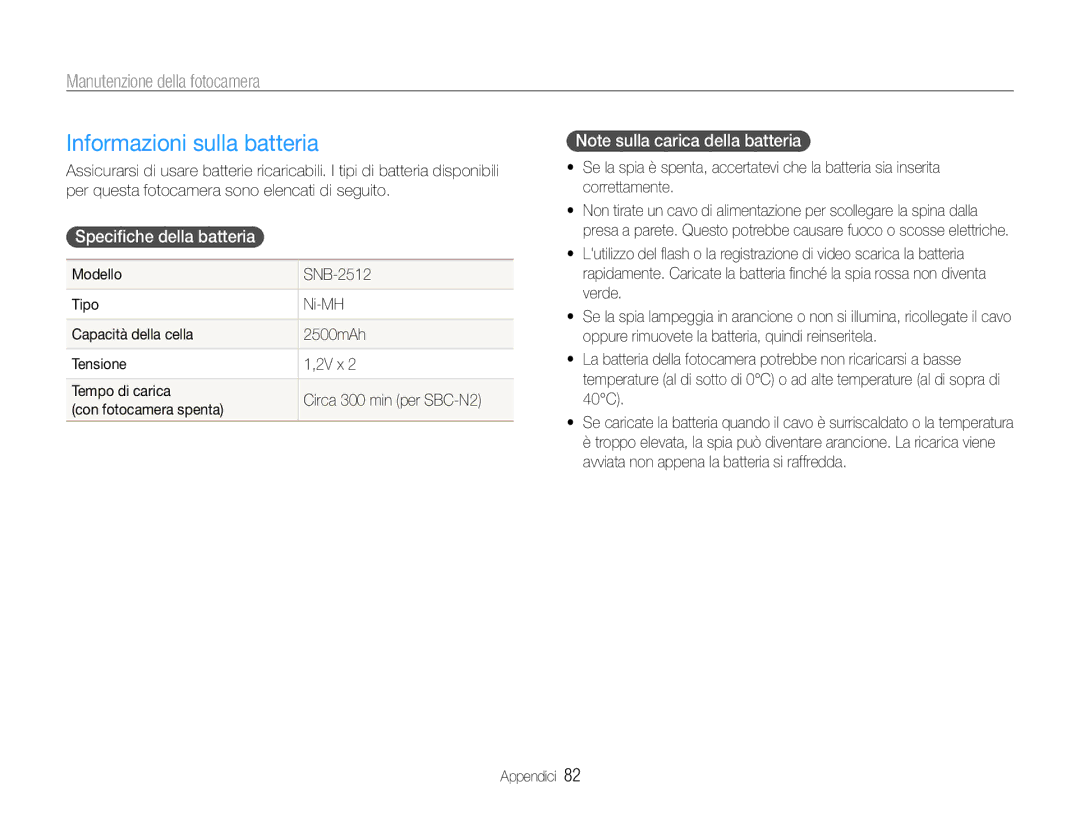 Samsung EC-ES30ZZBASE1, EC-ES30ZZBASGB manual Informazioni sulla batteria, Specifiche della batteria 