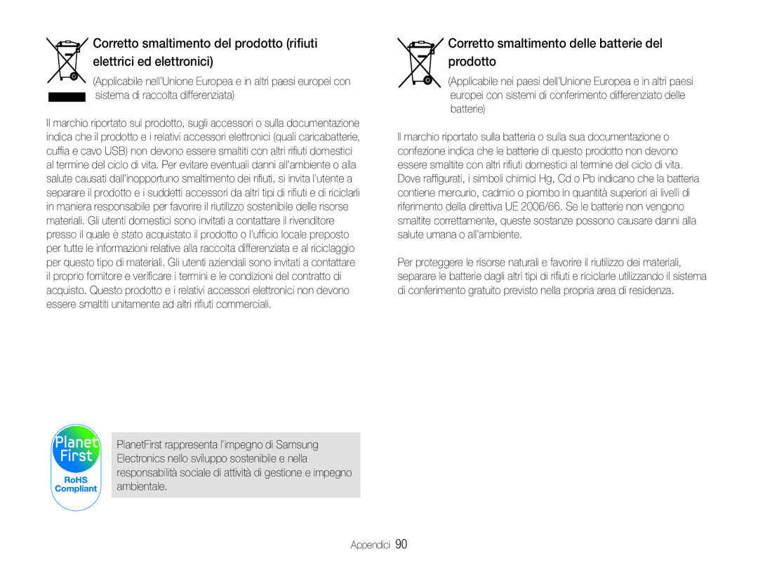 Samsung EC-ES30ZZBASE1, EC-ES30ZZBASGB manual Corretto smaltimento delle batterie del prodotto 