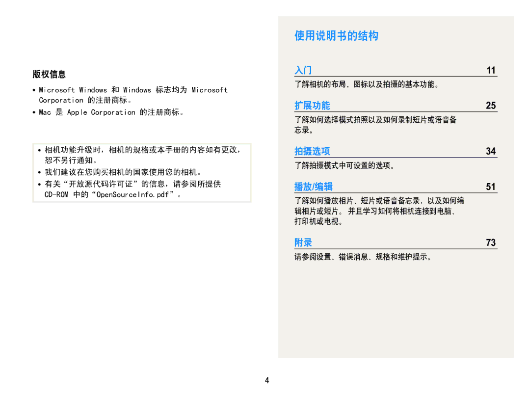 Samsung EC-ES30ZZBAPE2, EC-ES30ZZBASGB, EC-ES30ZZBASE3, EC-ES30ZZBABE3, EC-ES30ZZBASE2, EC-ES30ZZBABE2 manual 使用说明书的结构, 版权信息 