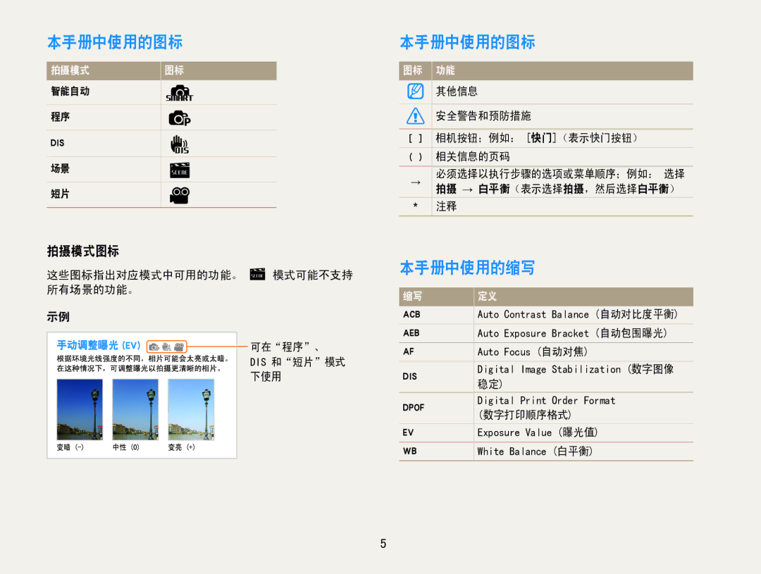 Samsung EC-ES30ZZBASGB, EC-ES30ZZBASE3, EC-ES30ZZBABE3, EC-ES30ZZBASE2, EC-ES30ZZBABE2 manual 本手册中使用的图标, 本手册中使用的缩写, 拍摄模式图标 