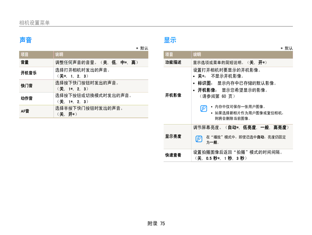 Samsung EC-ES30ZZBABE2, EC-ES30ZZBASGB, EC-ES30ZZBASE3, EC-ES30ZZBABE3, EC-ES30ZZBASE2, EC-ES30ZZBAPE2 manual 相机设置菜单 