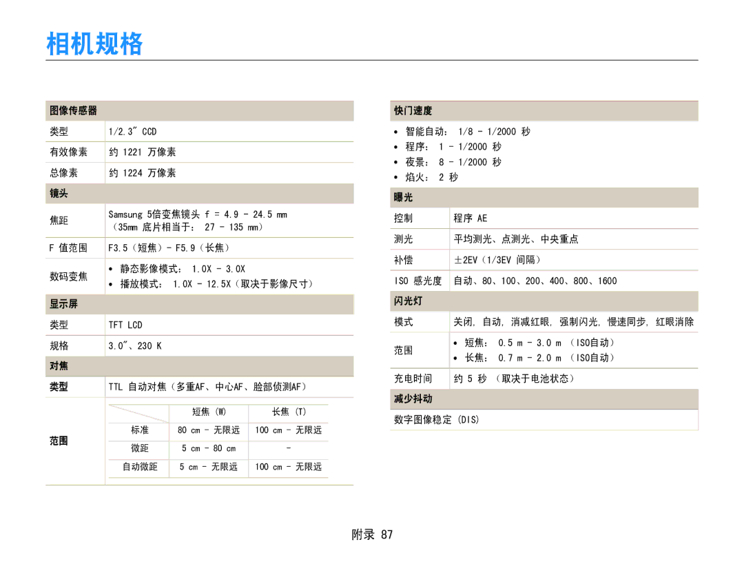 Samsung EC-ES30ZZBABE2, EC-ES30ZZBASGB, EC-ES30ZZBASE3, EC-ES30ZZBABE3, EC-ES30ZZBASE2, EC-ES30ZZBAPE2 manual 相机规格 