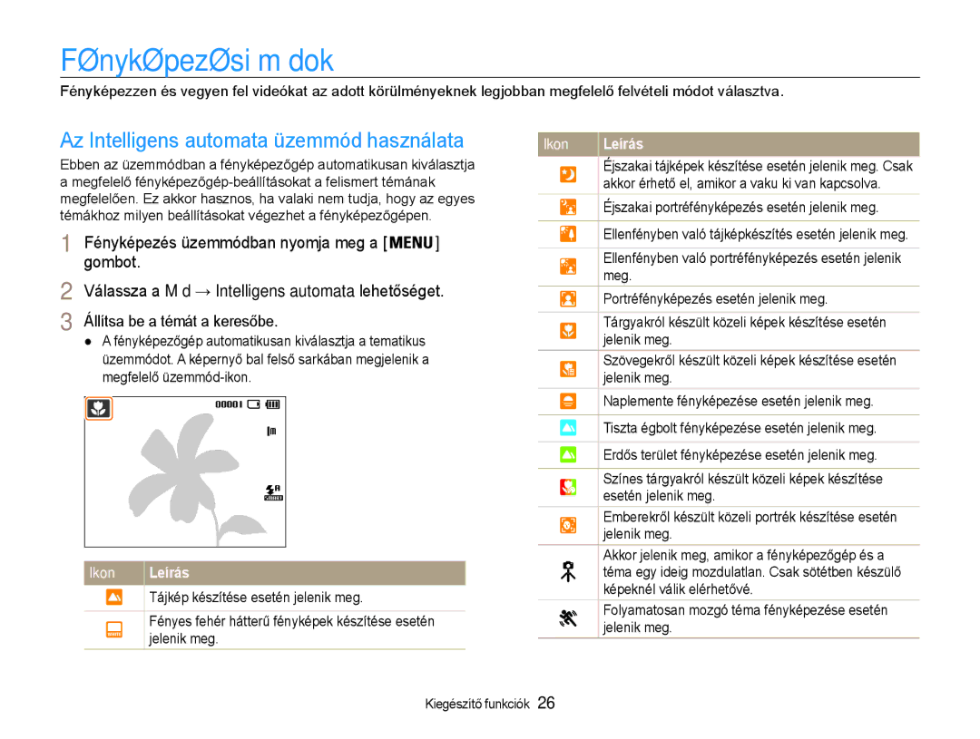 Samsung EC-ES30ZZBASE2, EC-ES30ZZBASGB manual Fényképezési módok, Az Intelligens automata üzemmód használata, Jelenik meg 