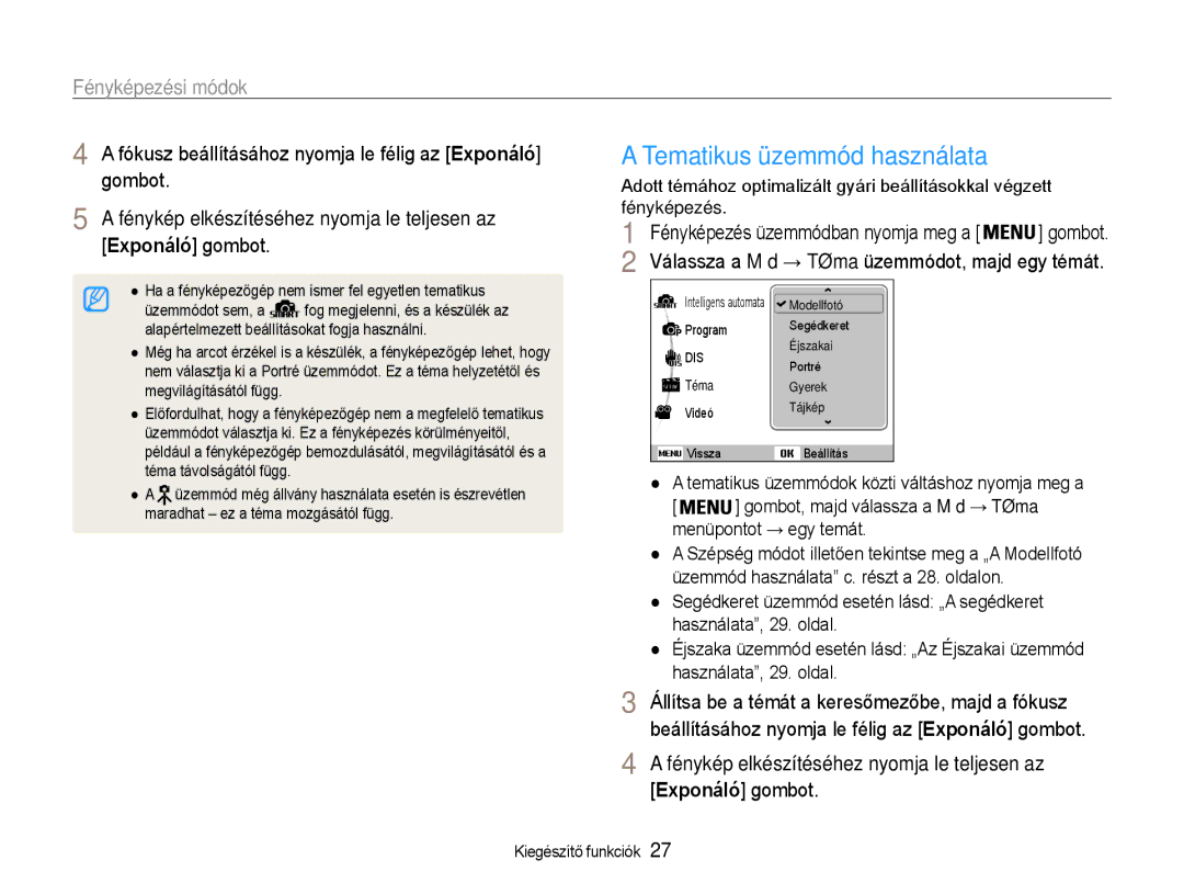 Samsung EC-ES30ZZBABE2, EC-ES30ZZBASGB manual Tematikus üzemmód használata, Fókusz beállításához nyomja le félig az Exponáló 