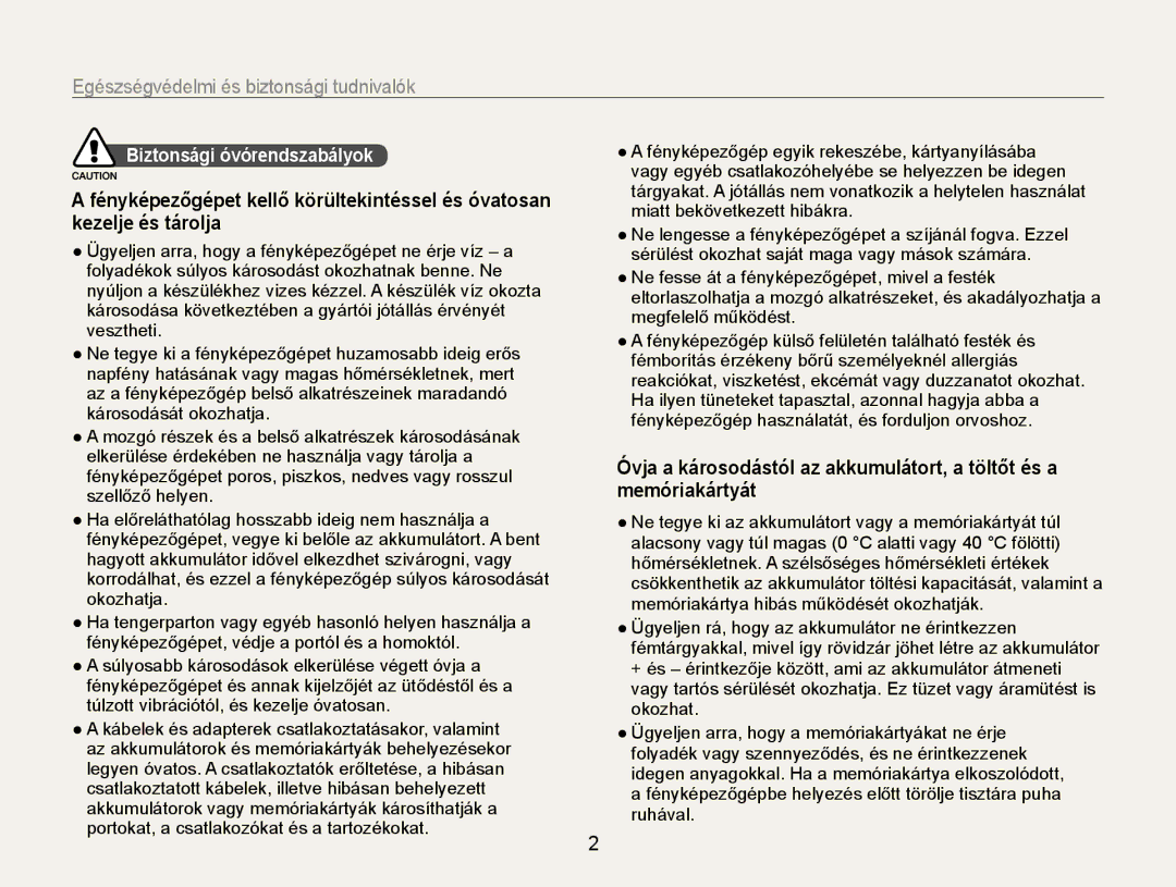 Samsung EC-ES30ZZBASE2, EC-ES30ZZBASGB, EC-ES30ZZBASE3, EC-ES30ZZBABE3, EC-ES30ZZBABE2 manual Biztonsági óvórendszabályok 