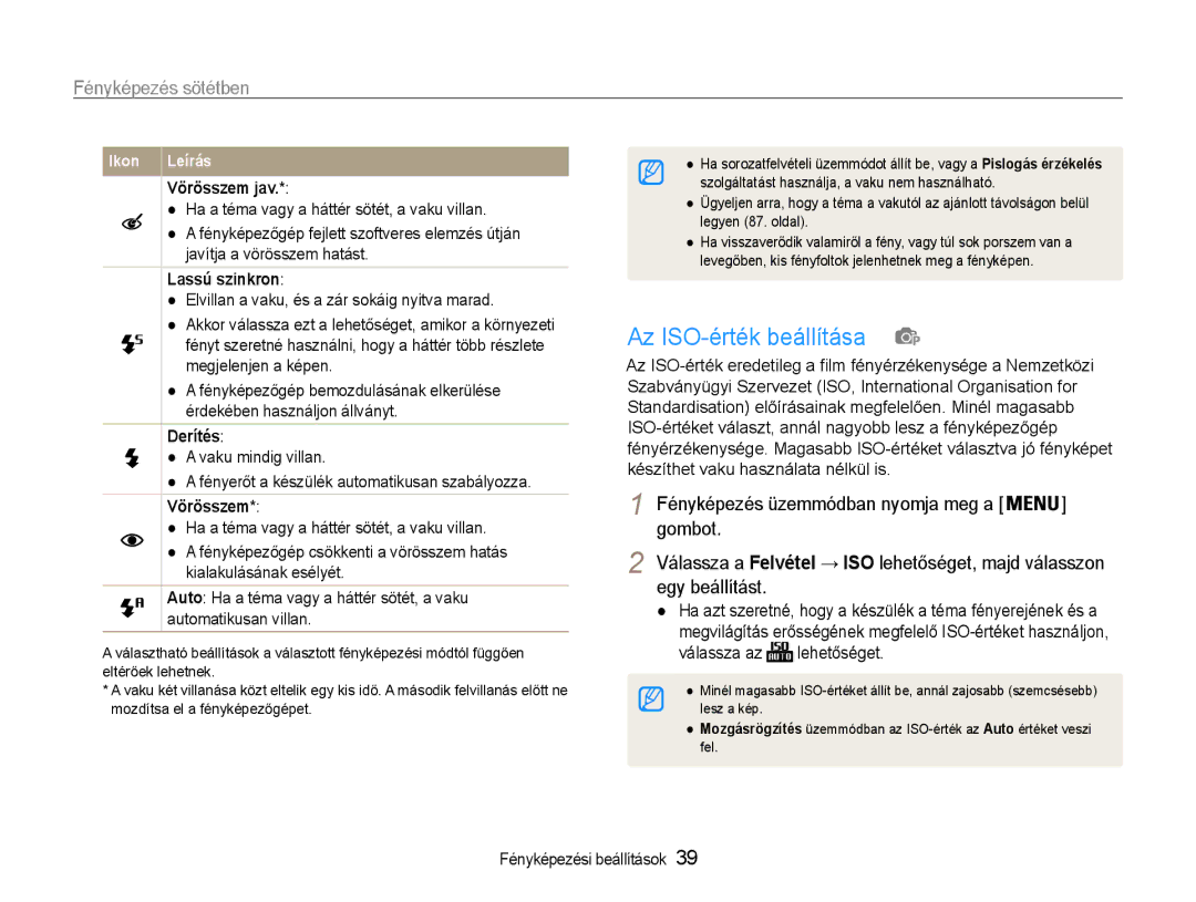 Samsung EC-ES30ZZBABE2, EC-ES30ZZBASGB, EC-ES30ZZBASE3 manual Az ISO-érték beállítása, Lassú szinkron, Derítés, Vörösszem 