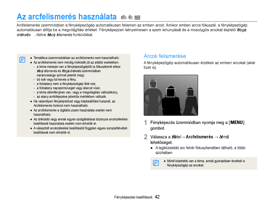 Samsung EC-ES30ZZBASE3, EC-ES30ZZBASGB, EC-ES30ZZBABE3, EC-ES30ZZBASE2 manual Az arcfelismerés használata, Arcok felismerése 