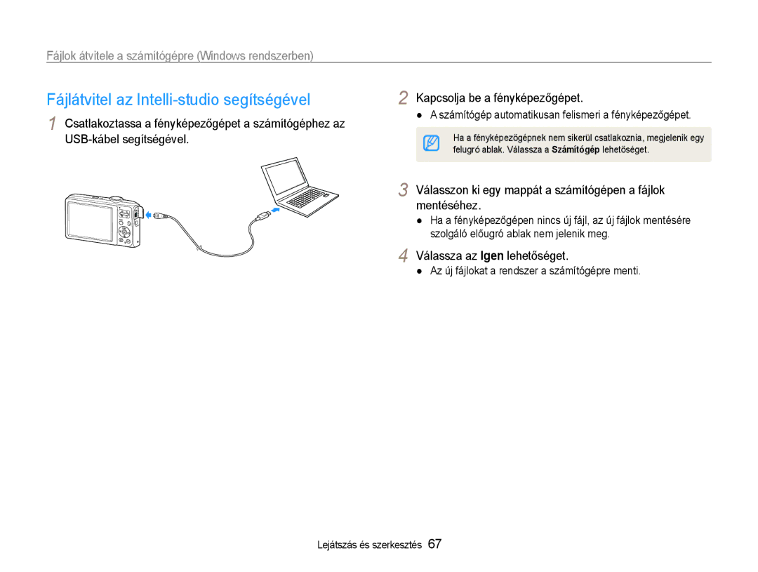 Samsung EC-ES30ZZBABE3 Fájlátvitel az Intelli-studio segítségével, Számítógép automatikusan felismeri a fényképezőgépet 