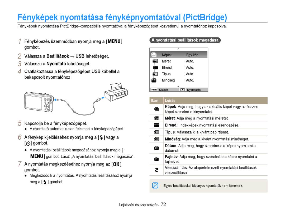 Samsung EC-ES30ZZBASE3 Fényképek nyomtatása fényképnyomtatóval PictBridge, Nyomtatás megkezdéséhez nyomja meg az gombot 