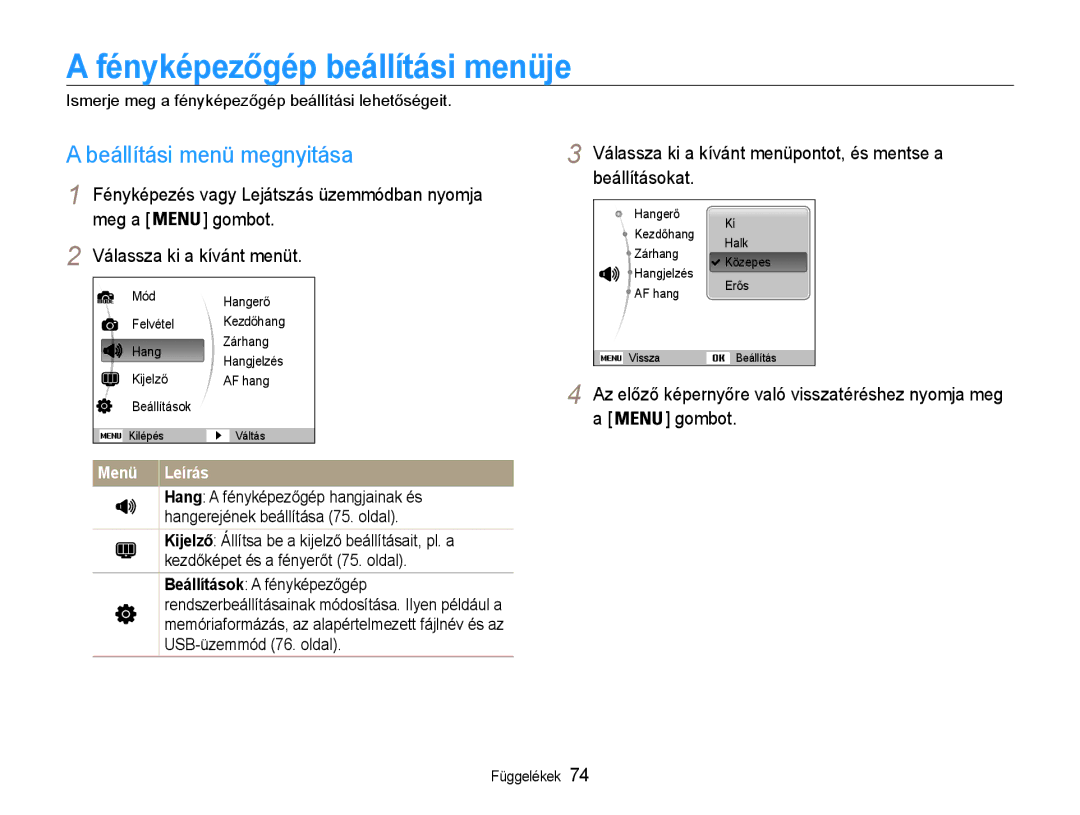 Samsung EC-ES30ZZBASE2, EC-ES30ZZBASGB manual Fényképezőgép beállítási menüje, Beállítási menü megnyitása, Menü Leírás 