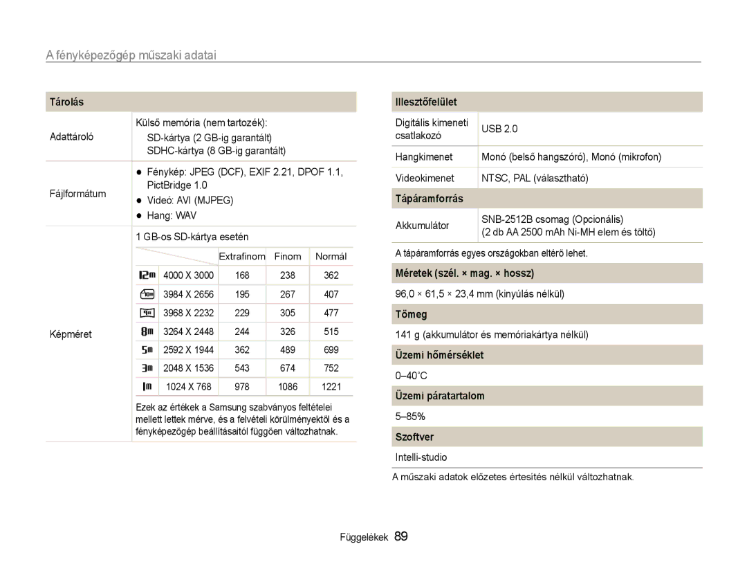 Samsung EC-ES30ZZBASGB Tárolás, Illesztőfelület, Tápáramforrás, Méretek szél. × mag. × hossz, Tömeg, Üzemi hőmérséklet 