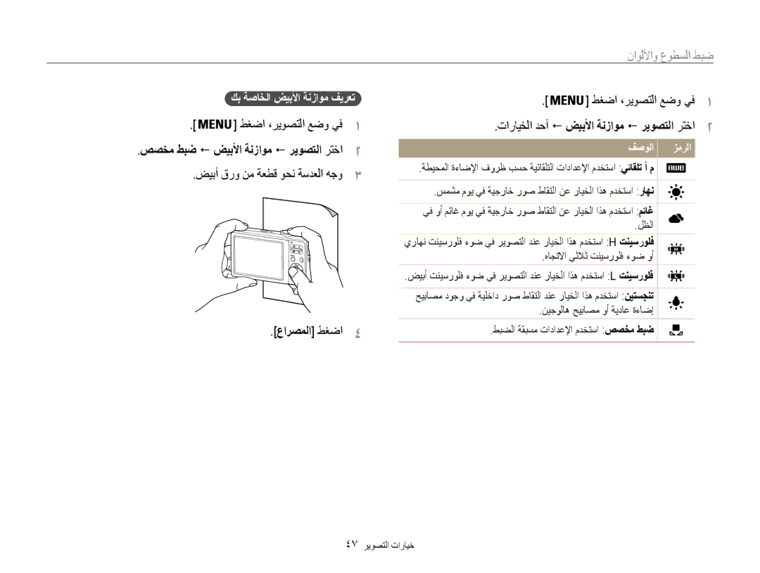 Samsung EC-ES30ZZBABIL, EC-ES30ZZBASZA manual ضيبأ قرو نم ةعطق وحن ةسدعلا هجو, عارصملا طغضا4, كب ةصاخلا ضيبلأا ةنزاوم فيرعت 