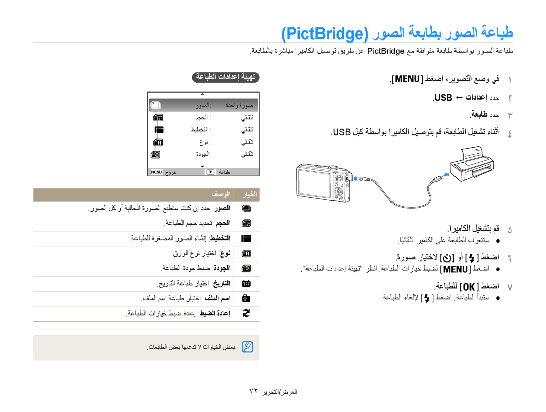 Samsung EC-ES30ZZBAPIL PictBridge روصلا ةعباطب روصلا ةعابط, USB ! تادادعإ ددح2 ةعباط ددح3, اريماكلا ليغشتب مق5, طغضا6 