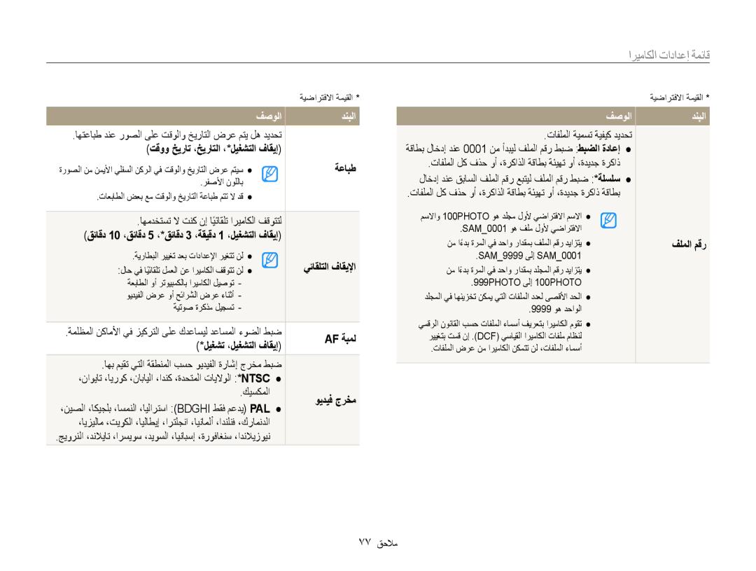 Samsung EC-ES30ZZBASSA تقوو خيرات ،خيراتلا ،*ليغشتلا فاقيإ, ةعابط, قئاقد 10 ،قئاقد 5 ،*قئاقد 3 ،ةقيقد 1 ،ليغشتلا فاقيإ 