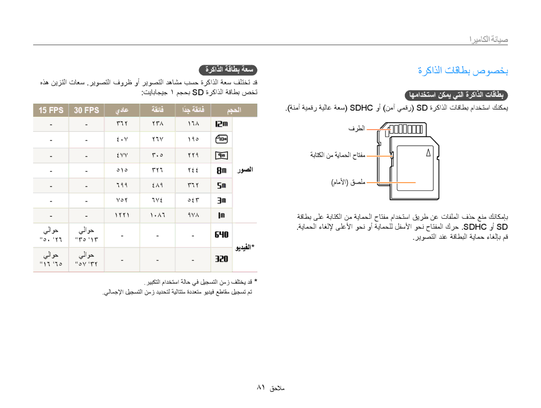 Samsung EC-ES30ZZBASIL, EC-ES30ZZBASZA manual ةركاذلا تاقاطب صوصخب, صيانة الكاميرا, اهمادختسا نكمي يتلا ةركاذلا تاقاطب 