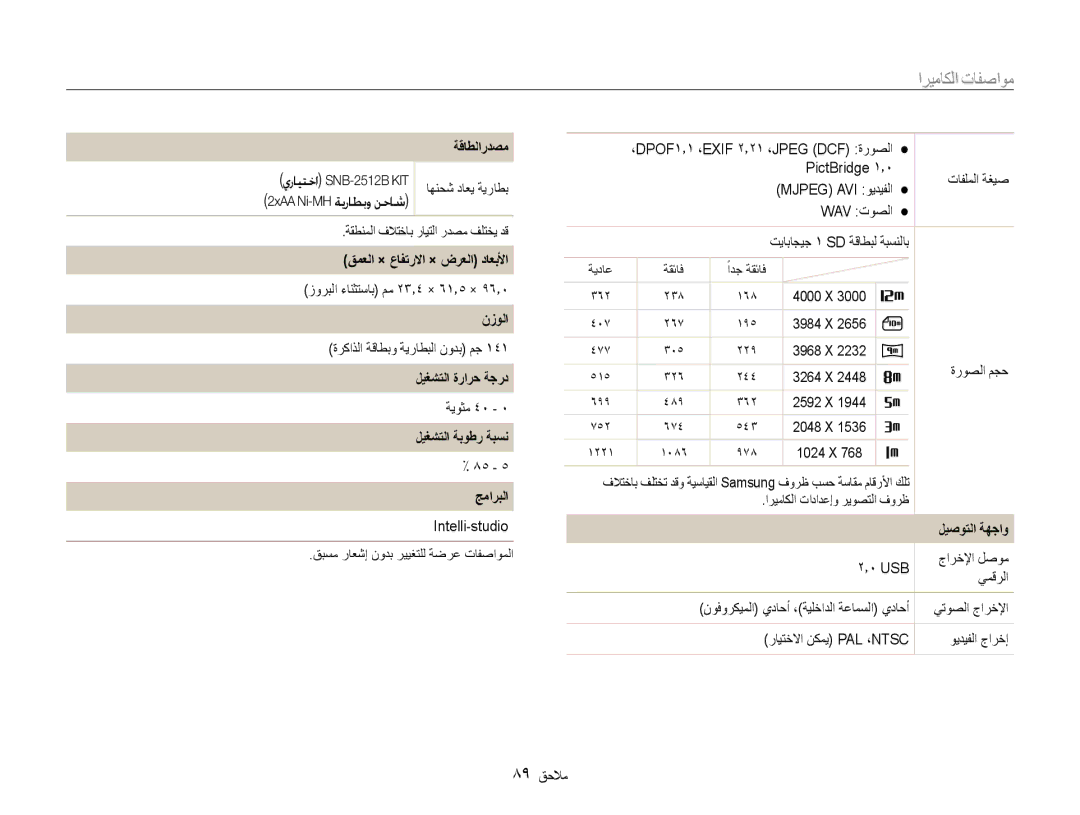 Samsung EC-ES30ZZBABIL, EC-ES30ZZBASZA manual ةقاطلاردصم, قمعلا × عافترلاا × ضرعلا داعبلأا, نزولا, جماربلا, ليصوتلا ةهجاو 