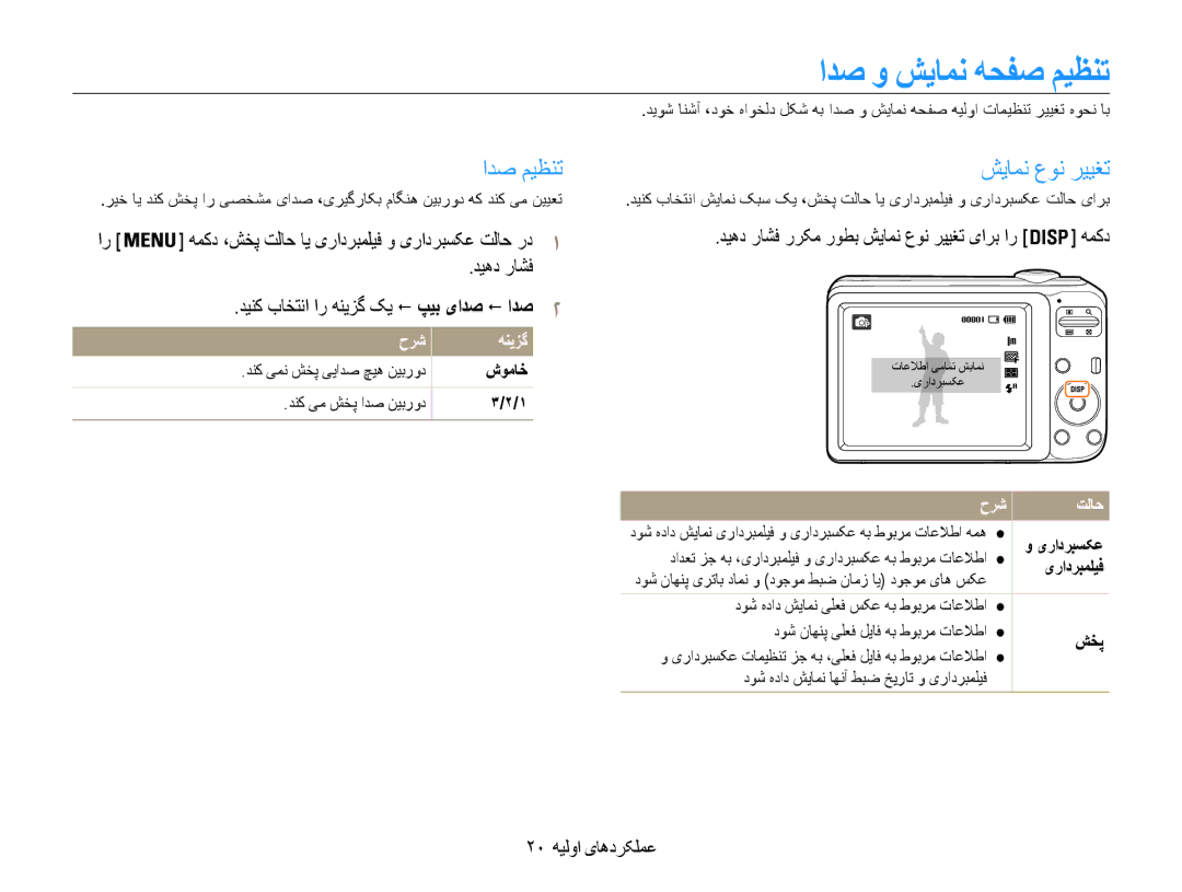 Samsung EC-ES30ZZDAPME ادص و شیامن هحفص میظنت, ادص میظنت شیامن عون رییغت, دیهد راشف ررکم روطب شیامن عون رییغت یارب ار همکد 