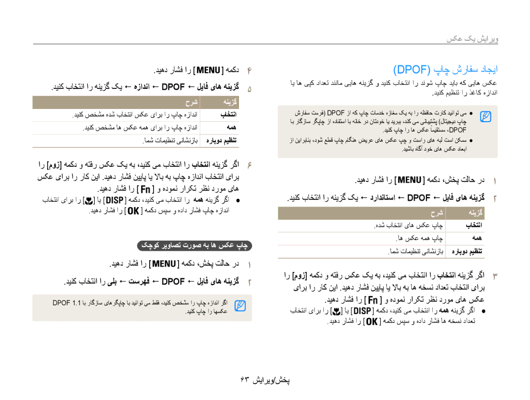 Samsung EC-ES30ZZBASSA manual Dpof پاچ شرافس داجیا, دیهد راشف ار همکد, دینک باختنا ار یلب ! تسرهف ! Dpof ! لیاف یاه هنیزگ2 