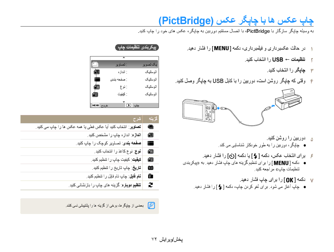 Samsung EC-ES30ZZBAPIL, EC-ES30ZZBASZA manual PictBridge سکع رگپاچ اب اه سکع پاچ, 72 پخش/ویرایش, پاچ تامیظنت یدنبرکیپ 