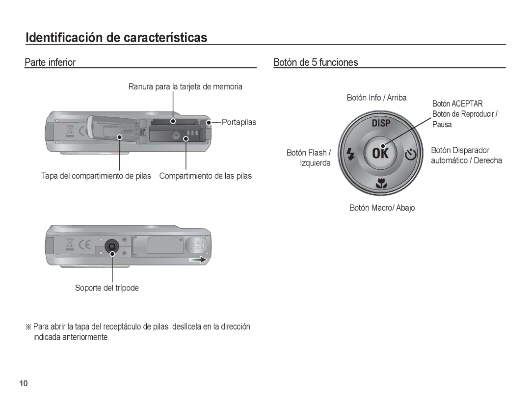 Samsung EC-ES55ZABP/E1, EC-ES55ZABP/AU Parte inferior Botón de 5 funciones, Pausa, Botón Flash Botón Disparador Izquierda 