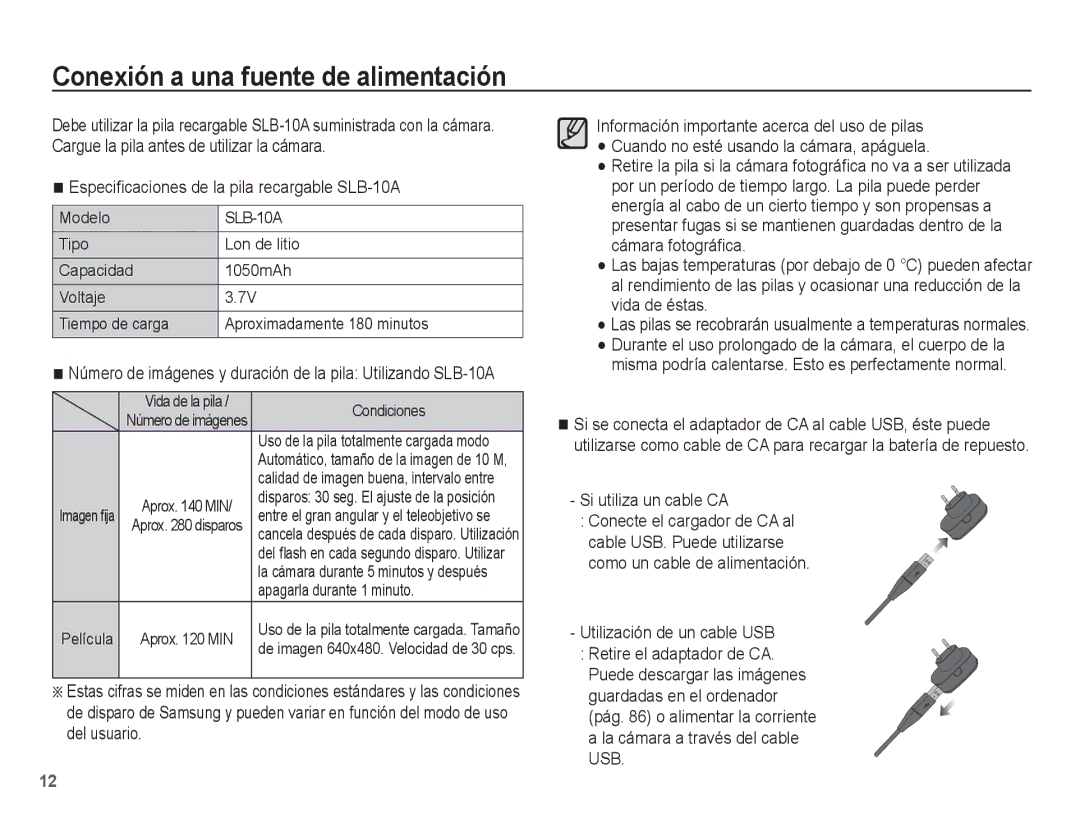 Samsung EC-ES55ZPBP/E1 manual Conexión a una fuente de alimentación, Especiﬁcaciones de la pila recargable SLB-10A 