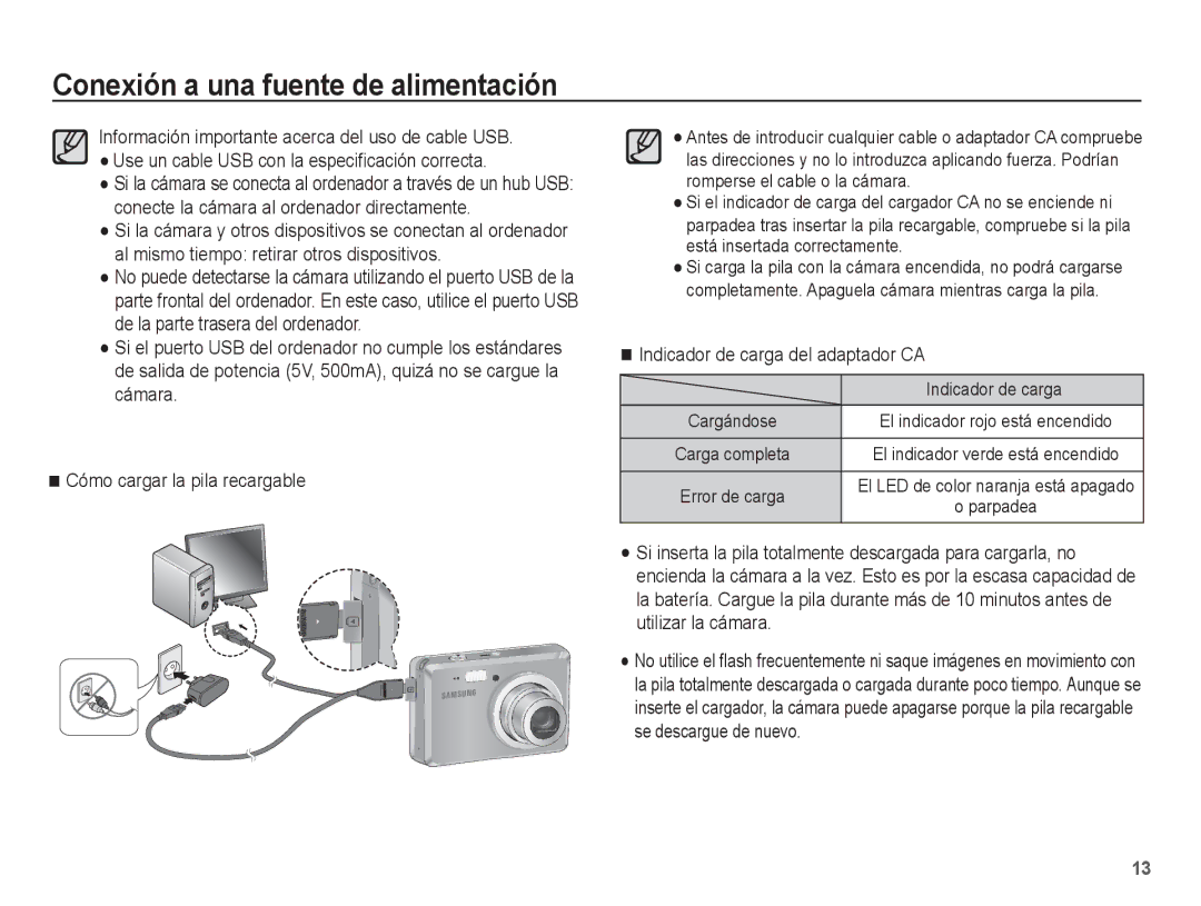 Samsung EC-ES55ZBBP/E1, EC-ES55ZABP/AU, EC-ES55ZABP/E1, EC-ES55ZSBP/E1, EC-ES55ZPBP/E1 Indicador de carga del adaptador CA 