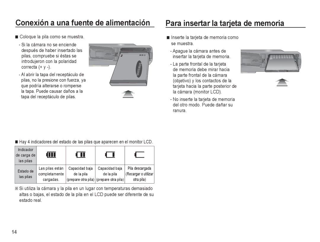 Samsung EC-ES55ZABP/AU, EC-ES55ZABP/E1 manual Para insertar la tarjeta de memoria, Conexión a una fuente de alimentación 