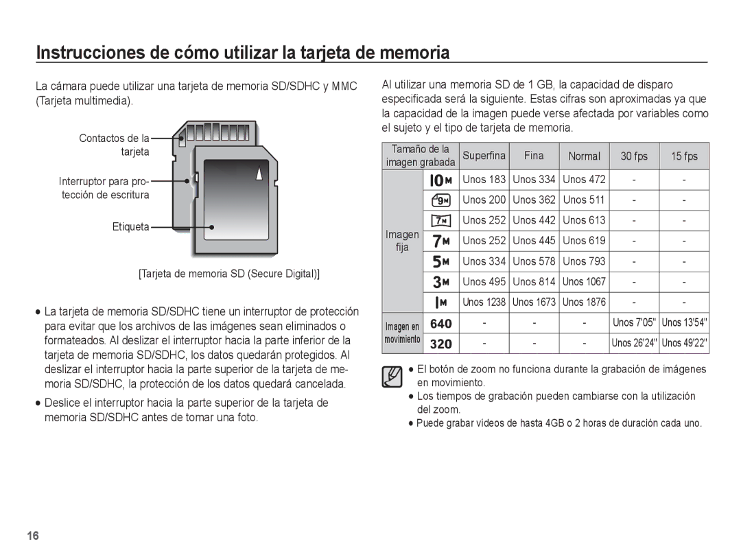 Samsung EC-ES55ZSBP/E1, EC-ES55ZABP/AU manual Contactos de la tarjeta, Etiqueta Tarjeta de memoria SD Secure Digital 