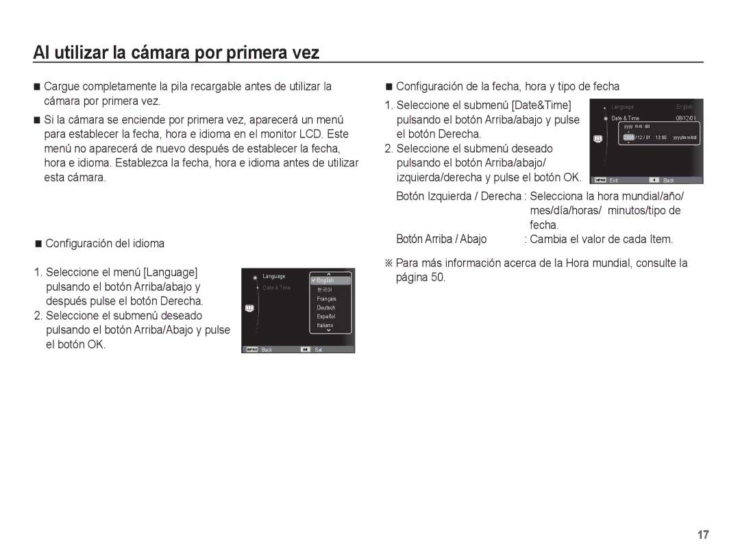 Samsung EC-ES55ZPBP/E1 manual Al utilizar la cámara por primera vez, Conﬁguración del idioma, Fecha, Botón Arriba / Abajo 