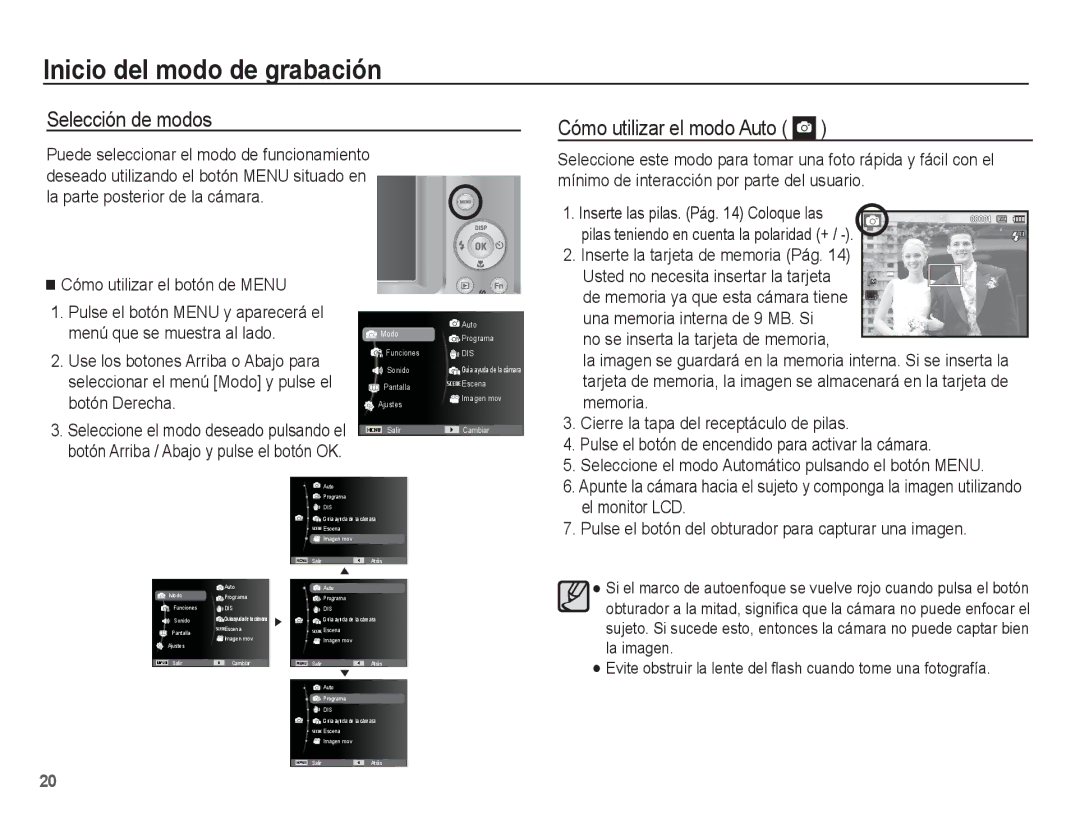 Samsung EC-ES55ZABP/E1 manual Inicio del modo de grabación, Selección de modos, Cómo utilizar el modo Auto, El monitor LCD 