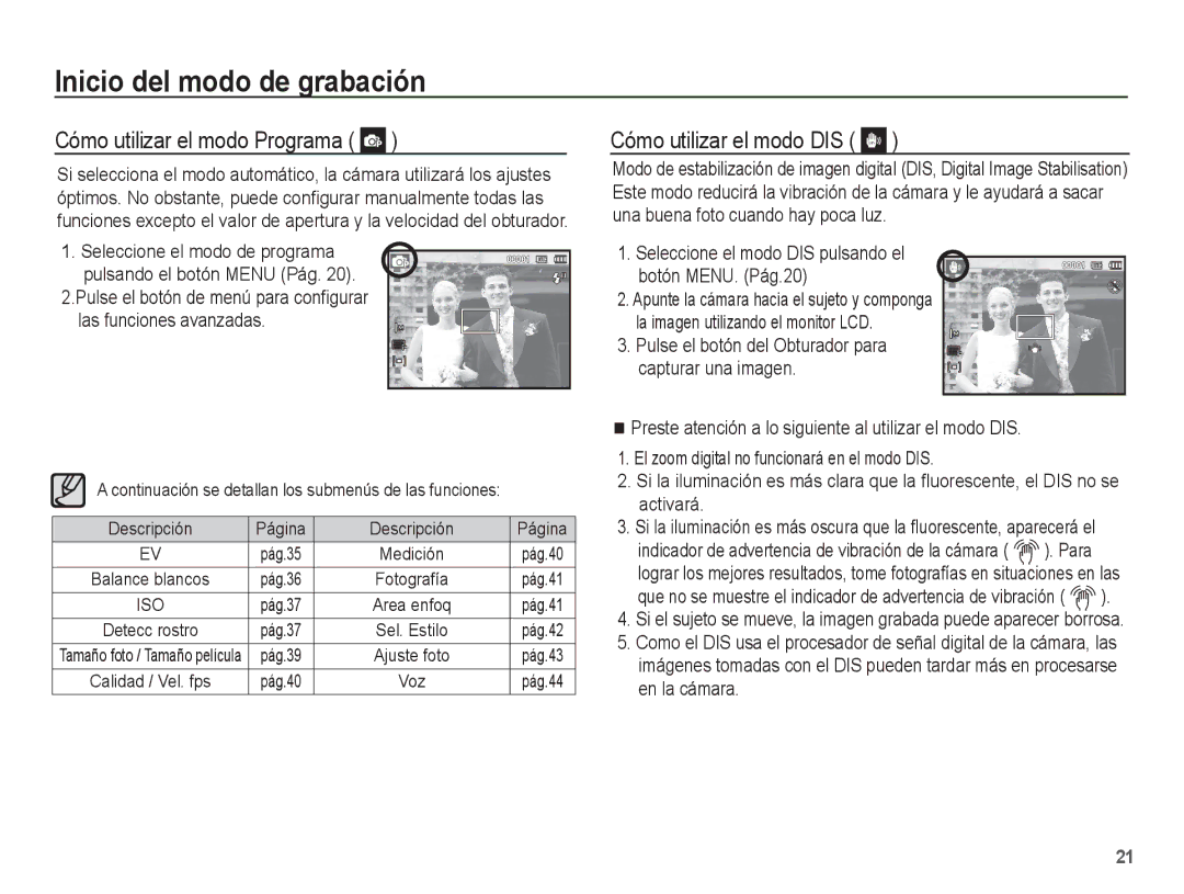 Samsung EC-ES55ZSBP/E1, EC-ES55ZABP/AU, EC-ES55ZABP/E1 manual Cómo utilizar el modo Programa, Cómo utilizar el modo DIS 