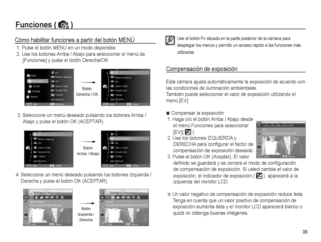 Samsung EC-ES55ZABP/E1, EC-ES55ZABP/AU manual Cómo habilitar funciones a partir del botón Menú, Compensación de exposición 