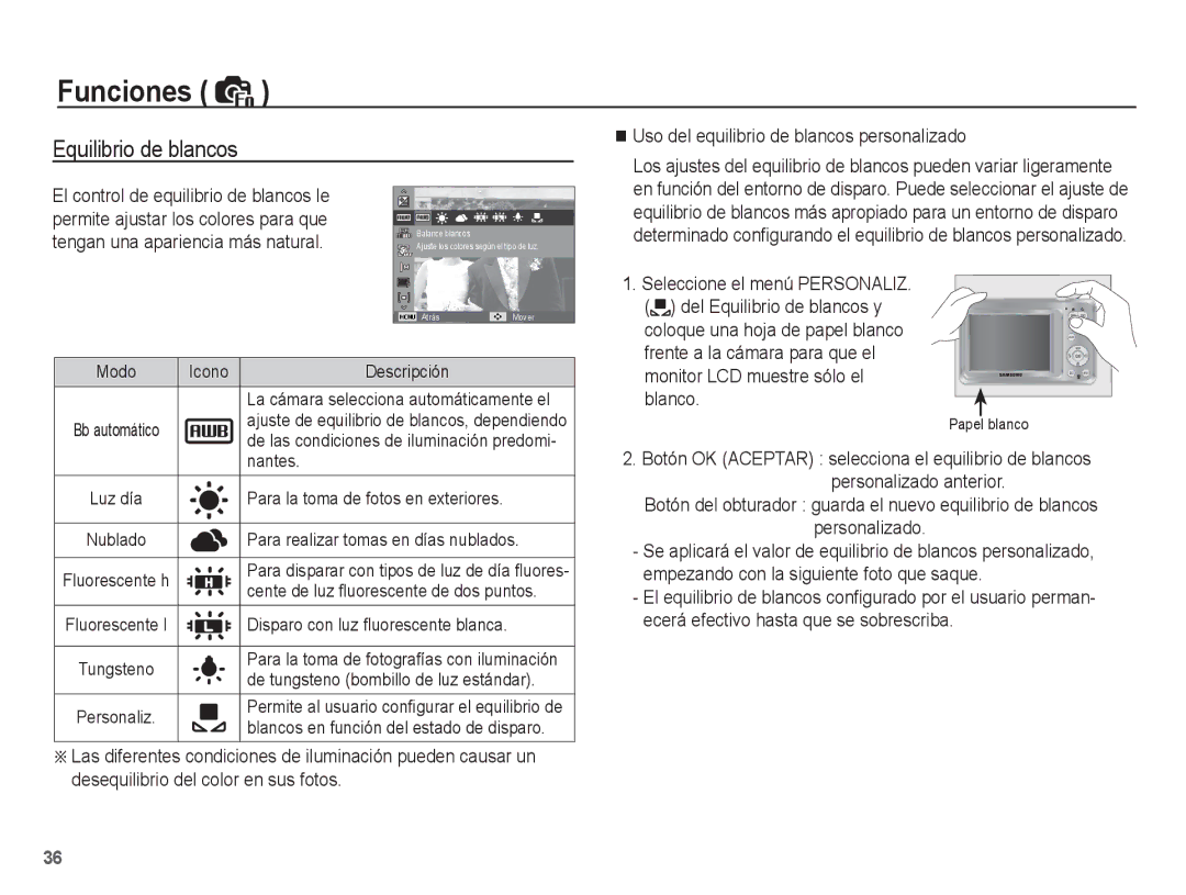 Samsung EC-ES55ZSBP/E1, EC-ES55ZABP/AU, EC-ES55ZABP/E1 manual Uso del equilibrio de blancos personalizado, Personalizado 