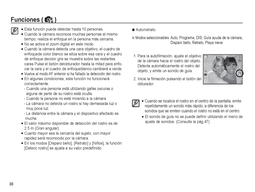 Samsung EC-ES55ZBBP/E1 manual Inicie la ﬁlmación pulsando el botón del obturador, Para la autoﬁlmación, ajuste el objetivo 