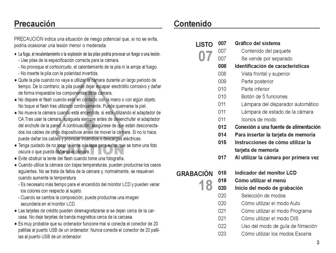 Samsung EC-ES55ZBBP/E1, EC-ES55ZABP/AU, EC-ES55ZABP/E1, EC-ES55ZSBP/E1, EC-ES55ZPBP/E1 manual Precaución, Contenido 