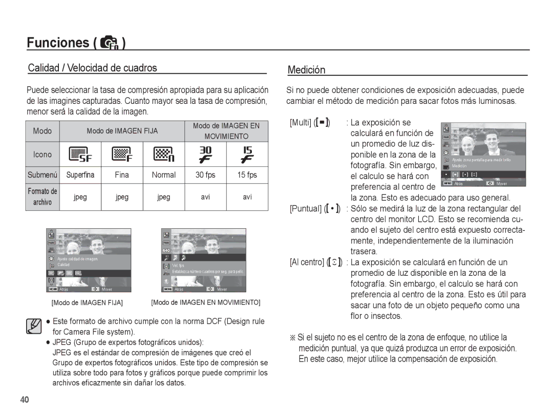 Samsung EC-ES55ZABP/E1, EC-ES55ZABP/AU Calidad / Velocidad de cuadros Medición, Puntual, Trasera Al centro, ﬂor o insectos 