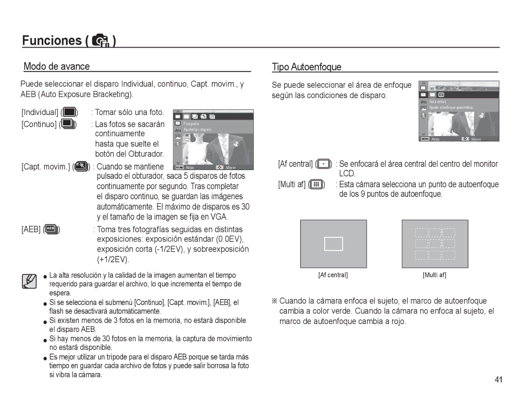 Samsung EC-ES55ZSBP/E1, EC-ES55ZABP/AU, EC-ES55ZABP/E1, EC-ES55ZPBP/E1, EC-ES55ZBBP/E1 manual Modo de avance Tipo Autoenfoque 