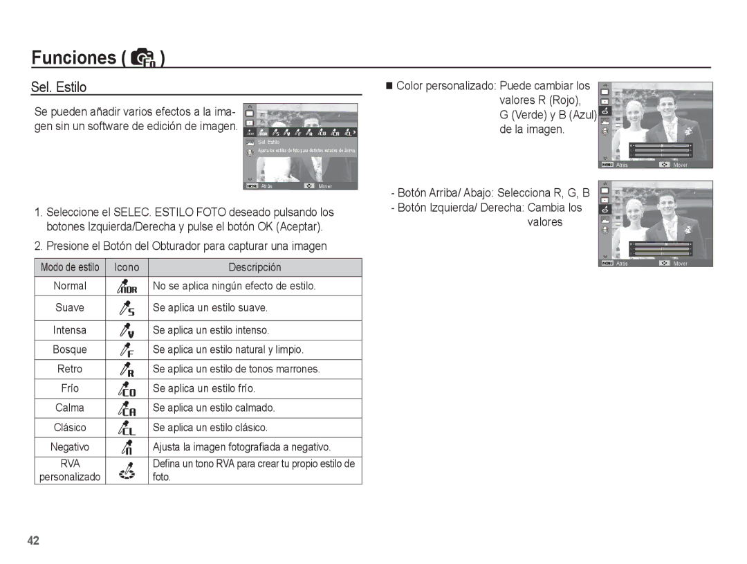 Samsung EC-ES55ZPBP/E1, EC-ES55ZABP/AU, EC-ES55ZABP/E1, EC-ES55ZSBP/E1, EC-ES55ZBBP/E1 manual Sel. Estilo 