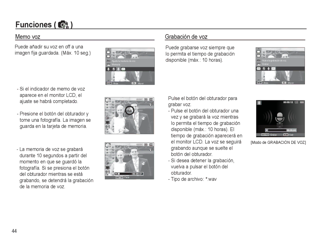 Samsung EC-ES55ZABP/AU, EC-ES55ZABP/E1 manual Memo voz Grabación de voz, Pulse el botón del obturador para grabar voz 